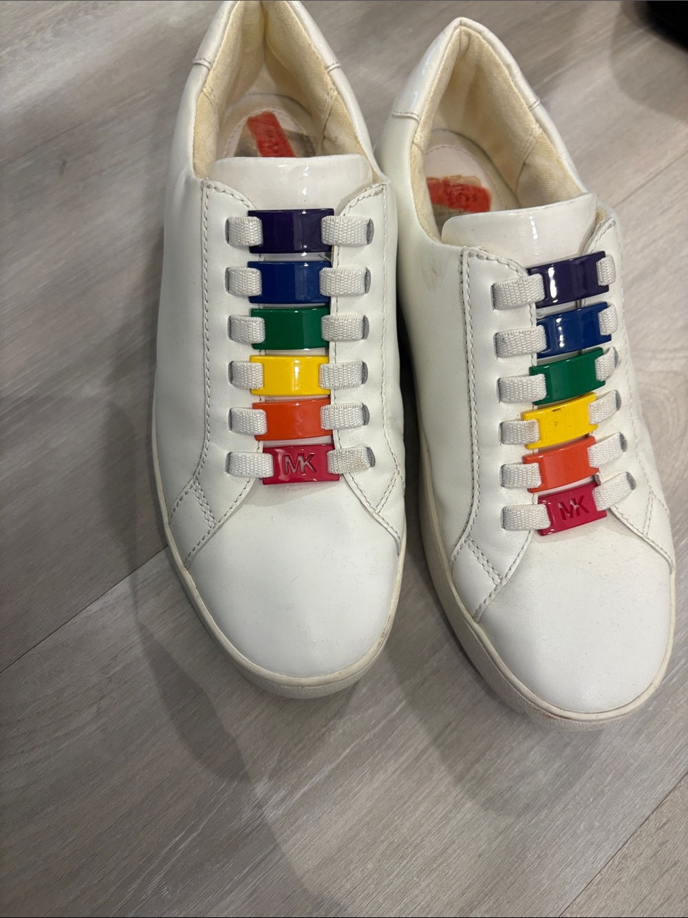Michael Kors White Kids Sneakers with Rainbow MK Lace Tabs